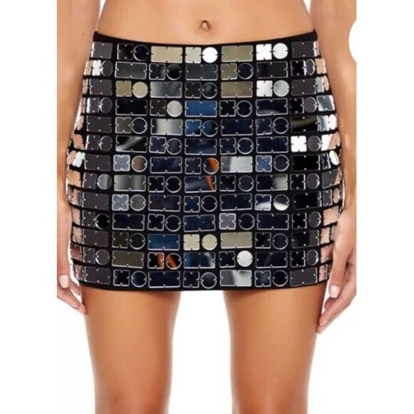Forever 21 Wmns Metallic Mirrored Mini Skirt Sequins Bling Sparkly Blk, NWT, S - Picture 1 of 7